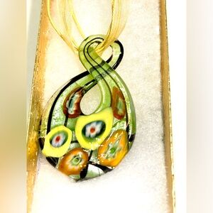 Murano Style  Art Blown Glass Reversible Green/Multicolor Geometric Necklace